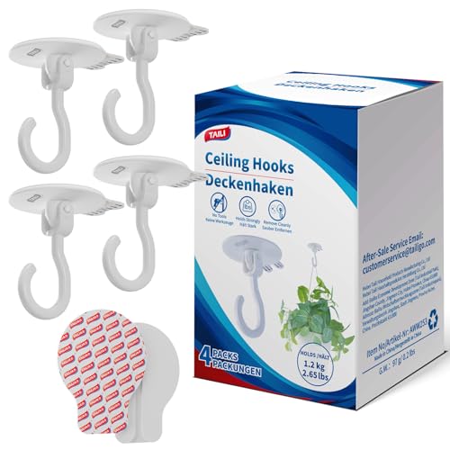 TAILI Adhesive Ceiling Hooks for Hanging Plants, No-Drill 4 Pack White - color: White, size: 4x Large