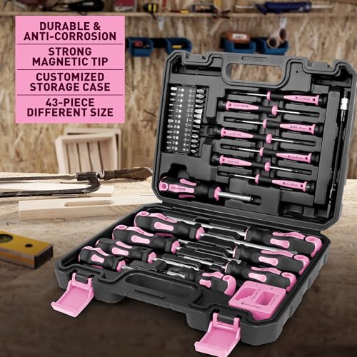 Magnetic Screwdrivers Set with Case, Amartisan 43-piece Includs Slotted, Phillips, Hex, Pozidriv,Torx and Precision Screwdriver Set, Magnetizer Demagnetizer Tools, Tools for Men (Pink)) - style: 43-piece Screwdrivers Set (Pink)