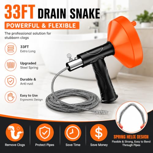 33 FT Drain Snake Auger, Plumbing Snake Drain Hair Clog Removal Tool, Sink Unclogger Drain, Heavy Duty Drum Auger, Cleaner Tool for Bathroom Kitchen Tub Shower Drain Clog Remover with Gloves