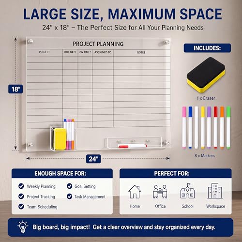 Lincia Acrylic Project Planning Board, 24 x 18 Inch Clear Wall Schedule Dry Erase Board with 8 Markers and Eraser, Whiteboard Planner with Lines for Home Office Project and Family Organization