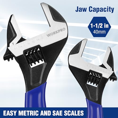 WORKPRO 12-Inch Adjustable Wrench, Wide Jaw Cr-V steel Wrench - color: Blue, size: 12-Inch