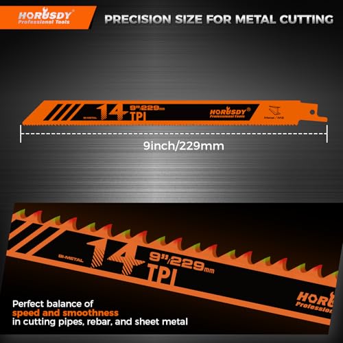 HORUSDY 6PCS 9-Inch 14TPI Bi-Metal Reciprocating Saw Blades, Heavy-Duty Blades for Cutting Steel Pipe, Rebar and Sheet Metal, Universal Shank Fits Most Saws - style: 6-Pc 9"Bi-Metal (Metal Cutting)