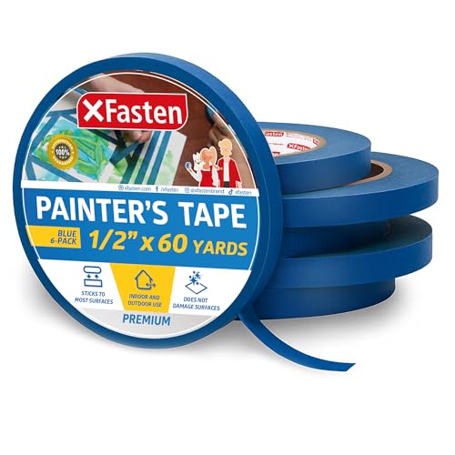 XFasten Professional Blue Painters Tape, Multi-Use, 1/2-Inch by 60-Yard, Pack of 6, Blue Tape Bulk - Sharp Edge Line Technology, Produces Sharp Lines | Residue-Free and Artisan Grade Wall Trim Tape - size: 1/2 Inch x 60 Yards (6-Pack)