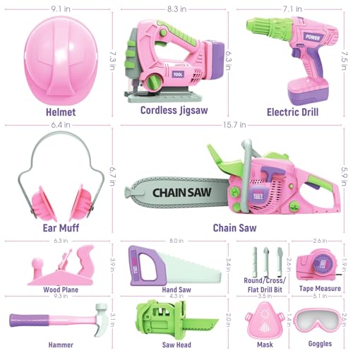 Kids Construction Tool Set for 3 4 5 6 7 Year Old Boys Girl,Pink Preschool Pretend Play Tool,Pretend Play Tools Set Toddler Toys,with Electric Drill Chainsaw、Electric Drill,Toy Tools Gifts for Kids