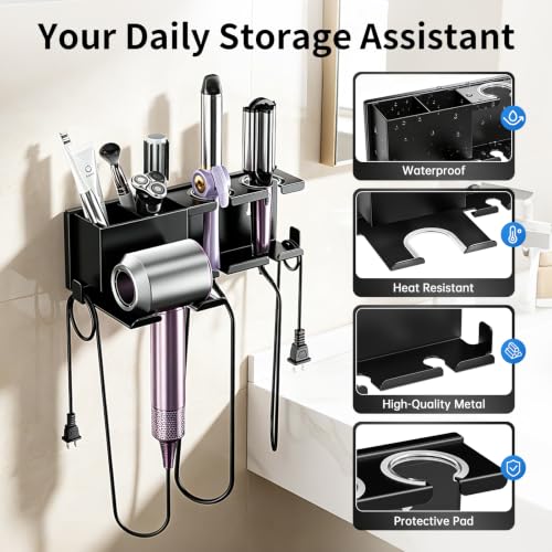 YSD Hair Dryer Holder Wall Mounted Metal Self Adhesive/Screw Organizer - color: Black, size: Standard