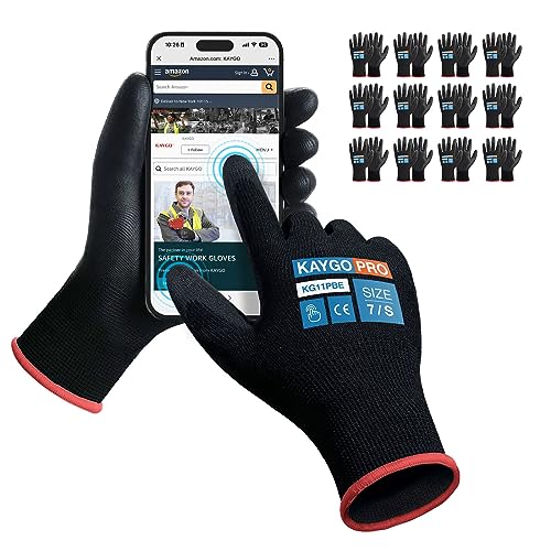 KAYGO Safety Work Gloves, PU Coated, 2-Finger Touchscreen, KG11P - color: Black (Touch Screen), size: Small