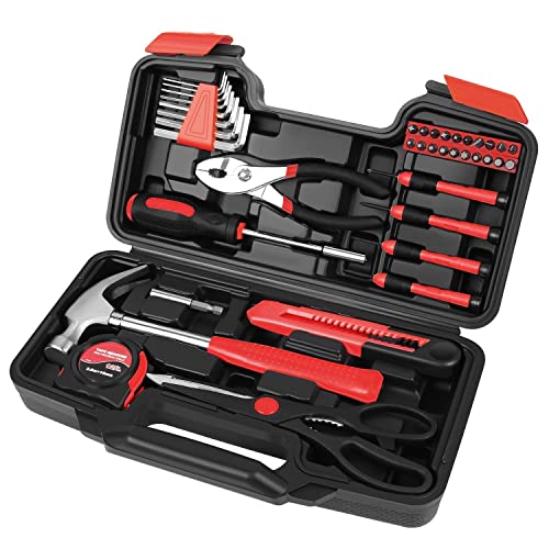 Flexzion 39-Piece Pink Tool Set with Mini Tool Box for DIY Home Repairs - color: Red & Black