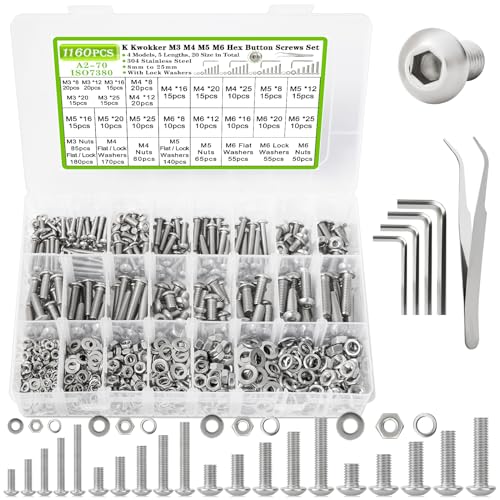 M3 M4 M5 M6 Nuts and Bolts Assortment Kit 20 Size 8MM to 25MM 304 Stainless Steel Hex Button Head Cap Metric Machine Screws, 1160Pcs Silver Bolts and Nuts Kit with Lock Washers for Screws - size: J. M3 M4 M5 M6
