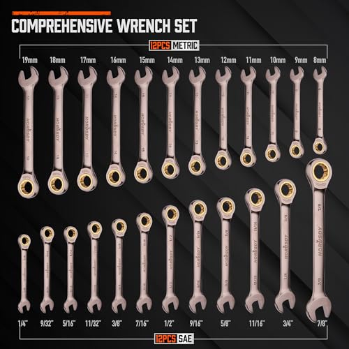 HORUSDY 24-Piece Ratcheting Wrench Set | Metric and SAE | 8-19 mm & 1/4” to 7/8“ | Ratchet Combination Wrenches Set with Organizer | 72-Teeth | Chrome Vanadium Steel - style: 24-Piece Ratcheting - Complete