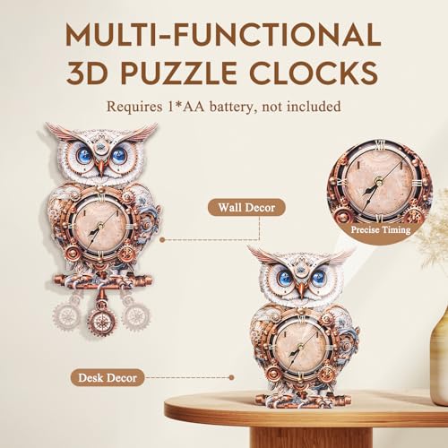 3D Wooden Puzzles for Adults-Owl Clock Puzzle-Adult Crafts - color: Owl Clock