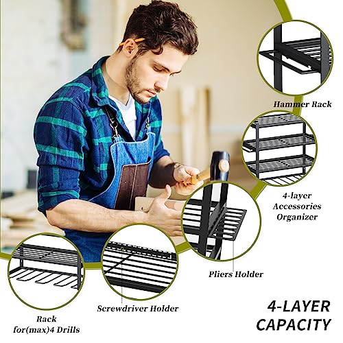 KAFAHOM Power Tool Organizer,4 Layer Drill Holders Wall Mount,Heavy Duty Metal Organizers and Storage Rack for Garage Organization,Tools Shelves with Screwdriver Plier/Hammer Holder, Black - color: Black-1Pack, size: 4-Drill 1 Pack