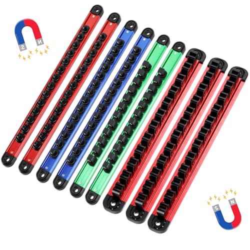 Ceenna 9 Set Magnetic Socket Organizer and Magnetic Screwdriver Organizer 6 Pcs 1/4", 3/8" & 1/2" Socket Rail Trays 3 Pcs Screwdriver and Wrench Holder Aluminum Alloy Tool Holder Red Blue Green