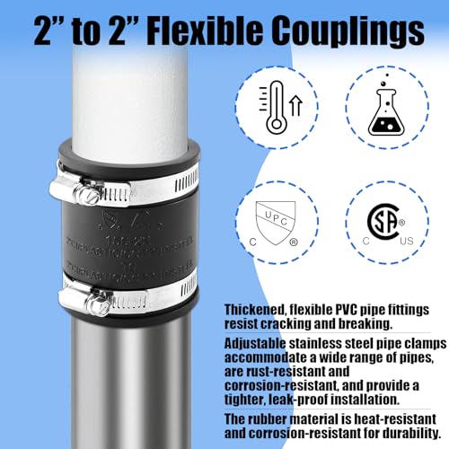 2" Flexible Pvc Pipe Coupling with Stainless Steel Clamp, Flexible Fitting for Connecting Cast Iron, Plastic and Copper Pipes, for Sewer and Drain Connections(Black) - size: 2 Inch