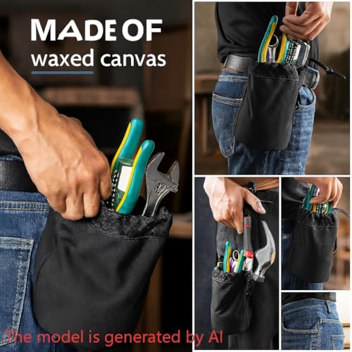 Waxed Canvas Nail/Screw Pouch, Tool Pouch with Belt Clip, 5 x 5 x 8 Inch Rounded Bolt Bag with Stand up Base Metal Clip on Organizer, Nail Pouch Suitable for Carpenters, Electrician, Carpenter - color: Black