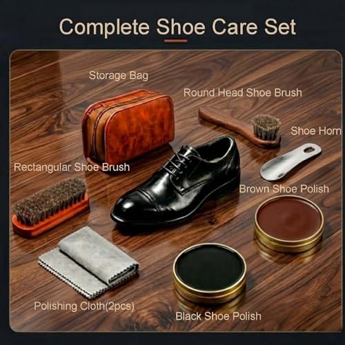shoe care kit horsehair brush,long-handled round brush,white & black polish,polishing cloth,shoe horn,storage box. - color: Browm+black