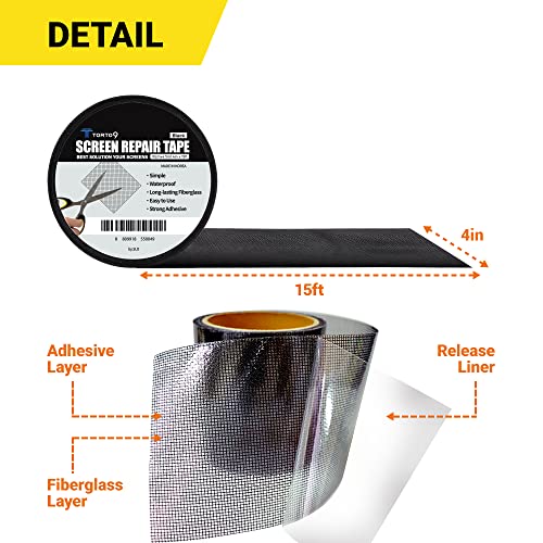 TORTO9 Window Screen Repair Kit, 3-Layer Strong Adhesive & Waterproof Tape Fiberglass Covering mesh (Black, 4 Inch x 15 FT) - color: Black, size: 4 Inch x 15 FT