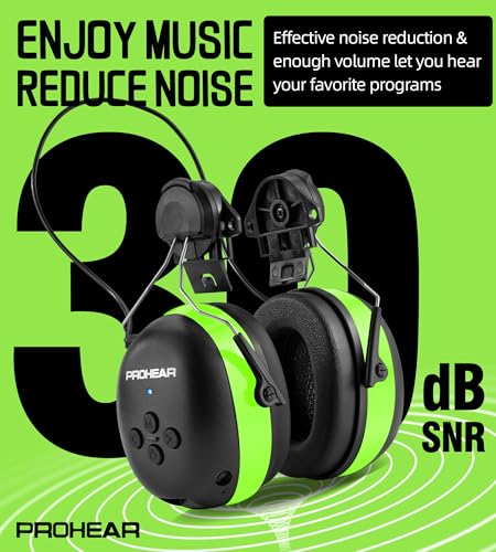 PROHEAR Safety Headphones with Bluetooth 6.0 - Compatible with 3M H-700 & DEWALT Hard Hats, 40H Battery Green - OSHA Hearing Protection for Construction Workers, Landscaping, Mowing - color: 037br04-for Hard Hat-green
