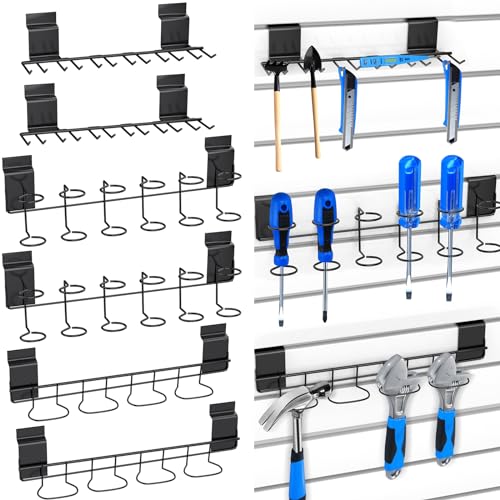 6 Pcs Slatwall Screwdriver Holders Slatwall Plier Holders Stainless Steel Slat Wall Tool Utility Hooks Accessories Shelving Display Multi-Ring Tool Organizer Racks for Shop Store (6, Black)