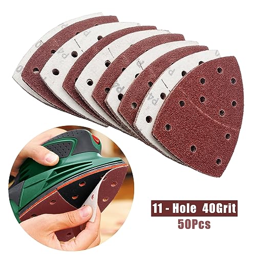 50 PCS Mouse Detail Sander Sandpaper, 40 Grit Palm Sander Sandpaper 11 Holes Hook and Loop Sander Pads Triangular Sanding Sheets Abrasive Sanding Paper for Mouse Sander - size: 40 Grit
