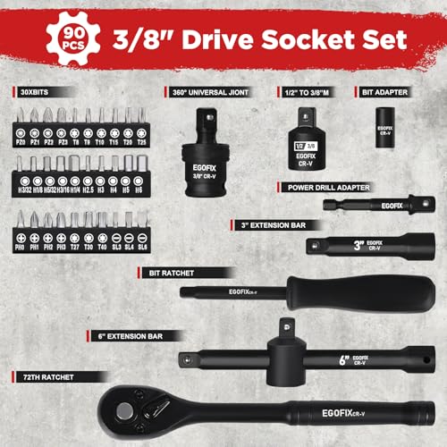 3/8" Drive Impact Socket Set, 90 Piece Metric Socket (6-22mm) and Standard SAE Size (5/16-15/16 inch) 6 Point, with 72-Teeth Ratchet Wrench, Mechanics Tool Kit for Automotive Repair - color: 3/8-90pcs