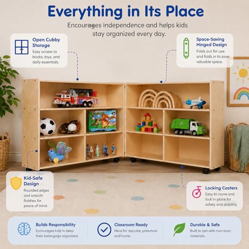 Contender Extra Large Folding Mobile Storage Organizer for Daycare Classroom Preschool, Wood Furniture on Rolling Casters with 4 Shelves for Toys, Puzzles, Books - style: Ready To Assembled
