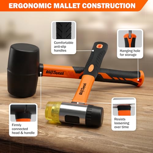 AV Steel 2-Pack Rubber Mallet Hammer Set, 16oz Rubber Hammer & 33mm Double-Faced Soft Mallet with Replaceable Heads and Glove, Fiberglass Handle, Damage-Free for Flooring, Tile, Woodworking
