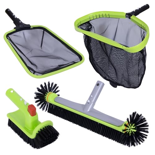 Sepetrel Deluxe Swimming Pool Cleaning Kit Including Professional Leaf Skimmer Net,Half-Depth Fine Mesh Net,17.5" Pool Brush Head & Hand Scrub Brush(NO Pole) - size: Deluxe Cleaning Kit