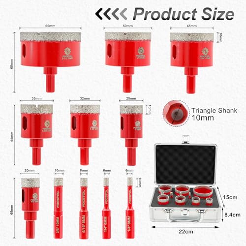 Diamond Core Drill Bits Set - FOCSTOL 11pcs (6/6/8/10/20/25/32/35/45/50/65mm) Hole Saw Kit with Triangle Shank for Porcelain Tile Ceramic Granite Marble - size: KIT7
