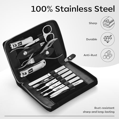 FAMILIFE Stainless Steel Manicure Set 11-in-1 Professional Nail Clipper Kit | Portable Leather Travel Case, Pedicure & Grooming Tools for Fingernails & Toenails, Luxury Gift for Men & Women, Glossy Black - color: Black