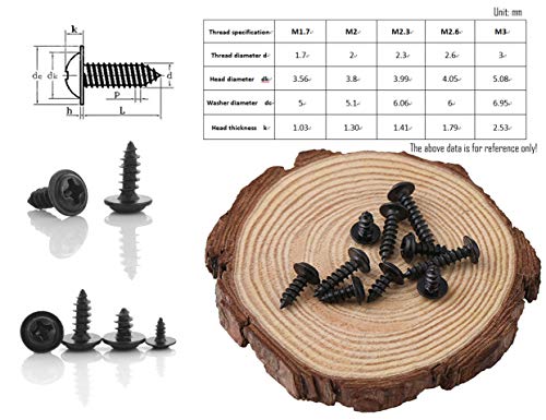 LBY 1000pcs M2.3 M2.6 Truss Head Self-Tapping Screws, Wafer and Pan Washer Screw, 10 Sizes Assortment Kit, Carbon Steel (Blacking)