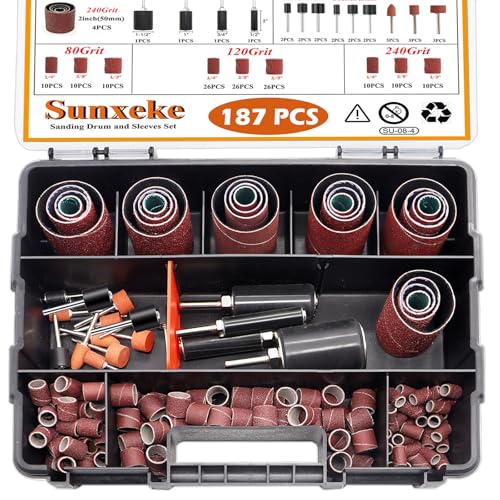 187-Piece Sanding Drum Kit for Drill & Drill Press – Includes 2inch Spindle Sander Sleeves (60/80/120/240 Grit), 4 Rubber Sanding Drums, 1/4-Inch Shank,Versatile Sander Accessory with Box - color: 187pcs-2inch