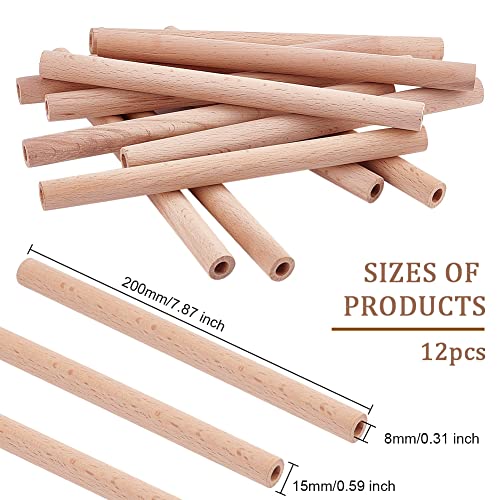 OLYCRAFT 12Pcs 7.9x0.6 Inch Hollow Wood Sticks Round Wooden Dowel Rod with 0.3 Inch Hole Unfinished Beech Wood Rods Natural Wood Round Rods for DIY Crafts Arts Projects - size: 20cm