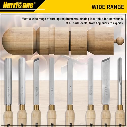HURRICANE 8pc Wood Lathe Chisel Set, M2 HSS Wood Turning Tools with 10" Solid Hardwood Handles, Lathe Tool Kit for Beginners and DIY Hobbyists, Includes Protective Wooden Box - size: 8 pc with Wood Case