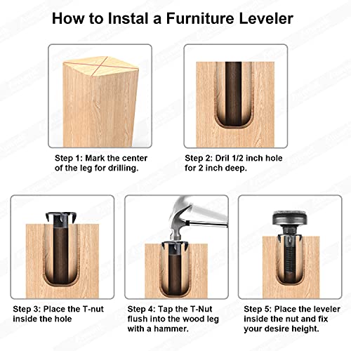 Anwenk Furniture Levelers Heavy Duty Furniture Leveling Feet Adjustable Leg Levelers for Cabinets Sofa Tables Chairs Raiser, Support 1320LBs, T- Nut Kit 3/8”-16 Thread, Large Base - 4 Pack,Black - color: Black 4-pack
