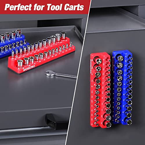 WORKPRO 1/4-inch Magnetic Socket Organizer Set, 2-Piece SAE & Metric Socket Holders, Holds 52 Standard and Deep Sockets for Tool Box, Tool Carts (Sockets Not Included) - size: 1/4" SAE&Metric