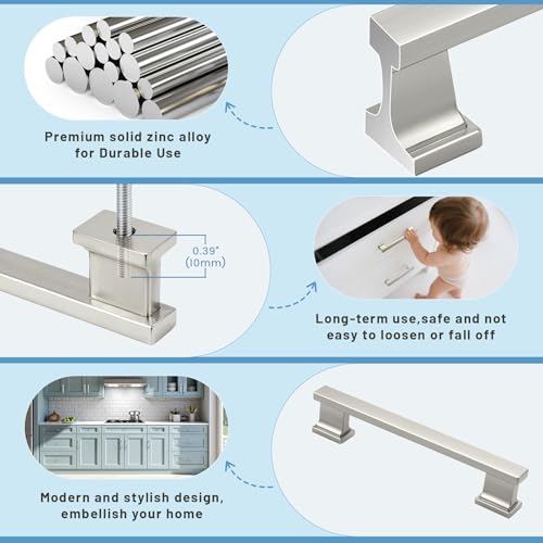 KNOBWELL 6 Pack Brushed Nickel Solid Cabinet Pulls 5 Inch(128mm) Hole Center Kitchen Cabinet Handles,Cabinet Hardware for Cupboard Drawer Pulls - color: Brushed Nickel, size: Hole Center：5 inch（128mm）