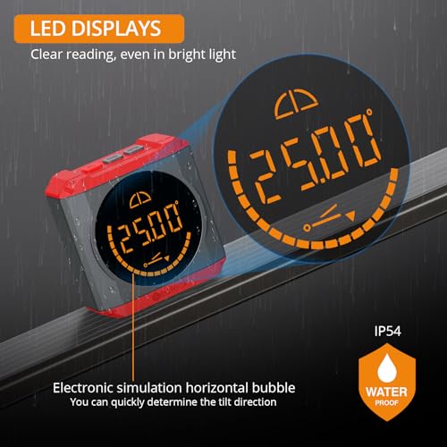 Neoteck Digital Angle Finder LED Rechargeable Level Box Protractor Bevel Gauge Inclinometer with Magnetic Base IP54 Waterproof for Woodworking Home Decoration-Red