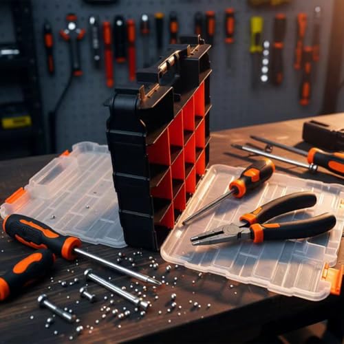 Double Side Tools Organizer, Plastic Tool Box, 34-Compartment, Double Side Storage Case Tools Box with Removable Dividers for Screws, Fishing Accessories,Bolts, Nails, Beads, Jewelry & More