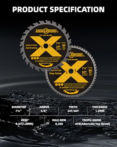 ANGELSWORD 7-1/4 Inch Circular Saw Blade, 24T for Framing&60T for Fine Finish Wood Cutting, 2 Pack