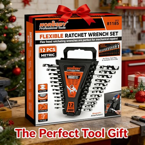 HORUSDY 12-Piece Metric Flex-Head Ratcheting Wrench Set 8-22mm, CR-V Ratchet Combination Wrenches with 72T 180° Flex Head, Magnetic Holder & Tool Bag for Auto, Motorcycle, Home & Repair - style: 12-Piece Metric Flex-Head Ratcheting - New Version