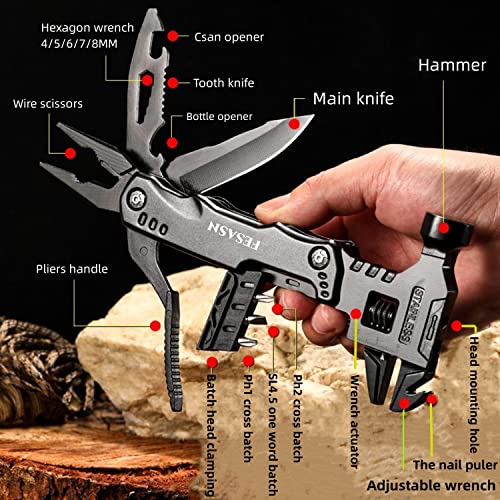 Adjustable Wrench Multitool Hammer, 16 in 1 | Pocket Multi Tool Pliers, Stainless Steel, Survival Camping Multi Tool, Home DIY & Everyday Use - style: Adjustable Wrench
