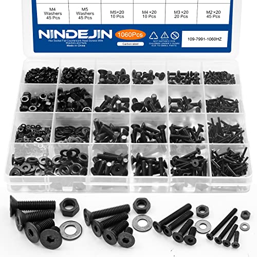NINDEJIN Hex Socket Flat Head Screw M2 M3 M4 M5 Bolts Nuts and Washer Assortment Kit, 1060 PCS Metric Screws with 4 PCS Allen Wrenches, Small Black Machine Screws Set, 12.9 Carbon Steel - size: 1060 Hex Flat Head Socket Screws Nuts