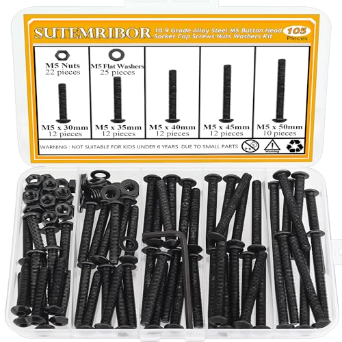 M5 Button Head Socket Cap Screws Nuts Washers Set - 105 Pieces 30/35/40/45/50mm 10.9 Grade Alloy Steel Fully Threaded Black Assortment Kit - size: M5 x 30-50mm, style: Button Head