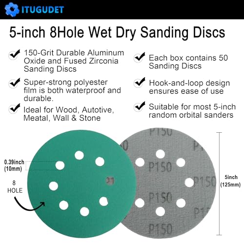 5 Inch 8 Hole P150 Grit Zirconia Wet Dry Sanding Discs - 50 Pack - size: 150 Grit