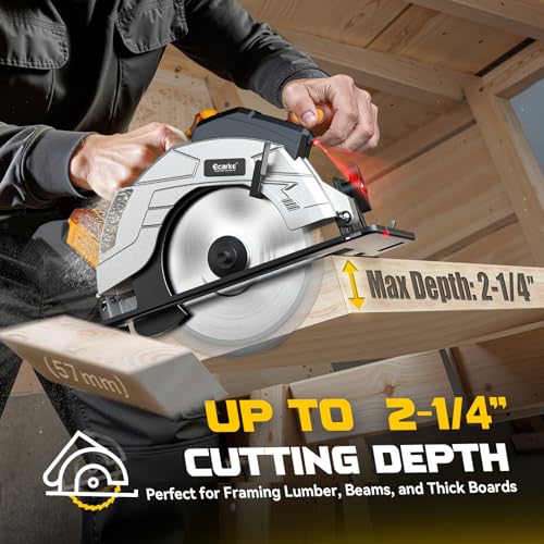Ecarke 7-1/4" Cordless Circular Saw, Compatible with DeWalt 20V Battery, 5000 RPM Electric Circular Saw with Laser Guide, 2 Blades (24T & 40T), 0–45° Bevel, 2-1/4" Cutting Depth (Tool Only) - color: Yellow