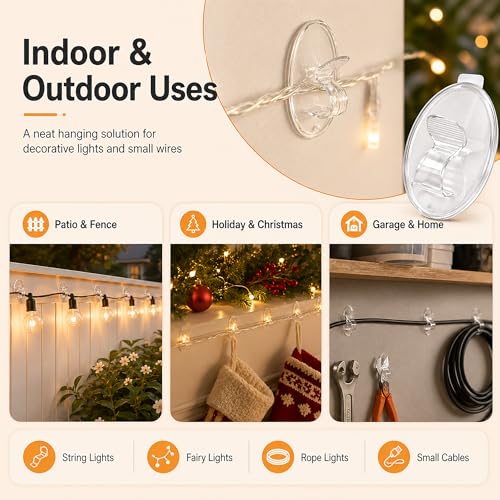 Outdoor String Lights Adhesive Hooks - 40Pcs Clips 3X Stronger Adhesion - color: Clear 40 hooks