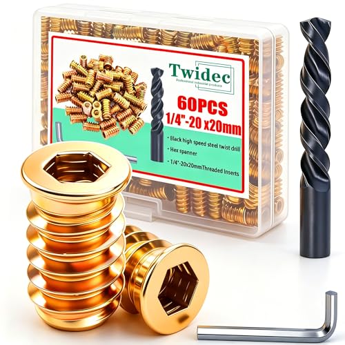 Twidec/60PCS 1/4"-20 Threaded Inserts for Wood Furniture Screw-in Nut Wood Inserts Bolt Assortment Kit with M6 Hex Wrench (1/4"-20 x20mm) N-059-1/4x20 - size: 1/4"-20 x 20mm (60 PCS)