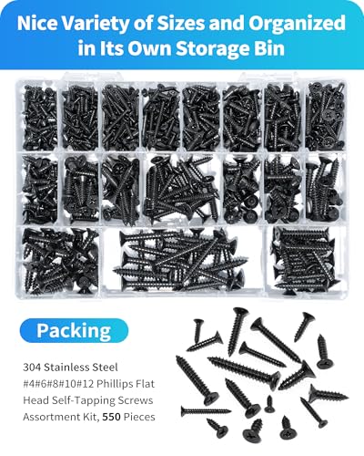 550Pcs 304 Stainless Steel Wood Screws Assortment Kit, Phillips Flat Head Sheet Metal Screws Self Tapping Screws Set, #4#6#8#10#12 Wood Assorted Screw (Black-Flat Head 550PCS) - style: Black-Flat Head 550PCS