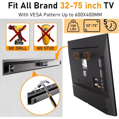 No Stud TV Wall Mount, No Drill Studless Drywall TV Mount, Easy Install - size: For 32-75'' TVs