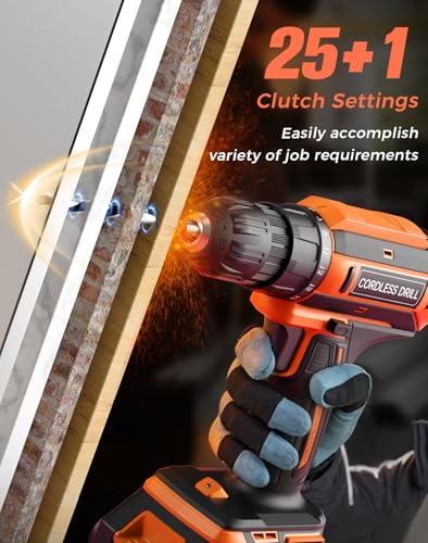 Cordless Drill, 20V MAX Power Drill Set with 2.0Ah Power Pack & Charger, 3/8 Inch Keyless Chuck, Variable Speed, 25+1 Position and 56PCS Bits/Screws, Power Tools for Home Projects - color: Orange
